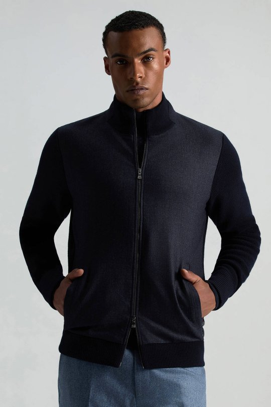 İtalyan Yün Kumaş Ekose Desen Lacivert Tailored Triko Ceket