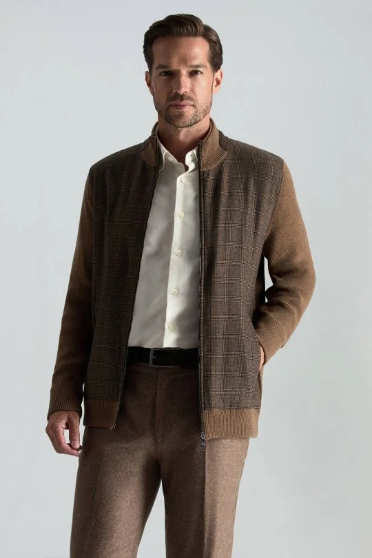 Hemington - İtalyan Yün Kumaş Ekose Desen Tütün Rengi Tailored Triko Ceket