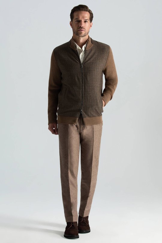 İtalyan Yün Kumaş Ekose Desen Tütün Rengi Tailored Triko Ceket