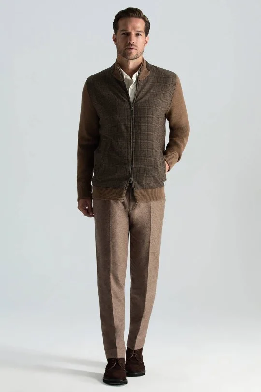 Hemington - İtalyan Yün Kumaş Ekose Desen Tütün Rengi Tailored Triko Ceket (2)