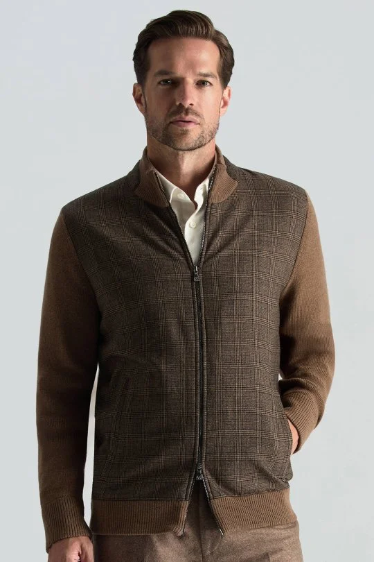 Hemington - İtalyan Yün Kumaş Ekose Desen Tütün Rengi Tailored Triko Ceket (1)