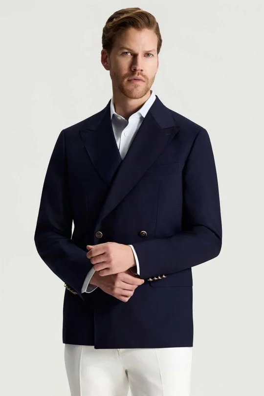 İtalyan Yün Lacivert Yazlık Kruvaze Ceket