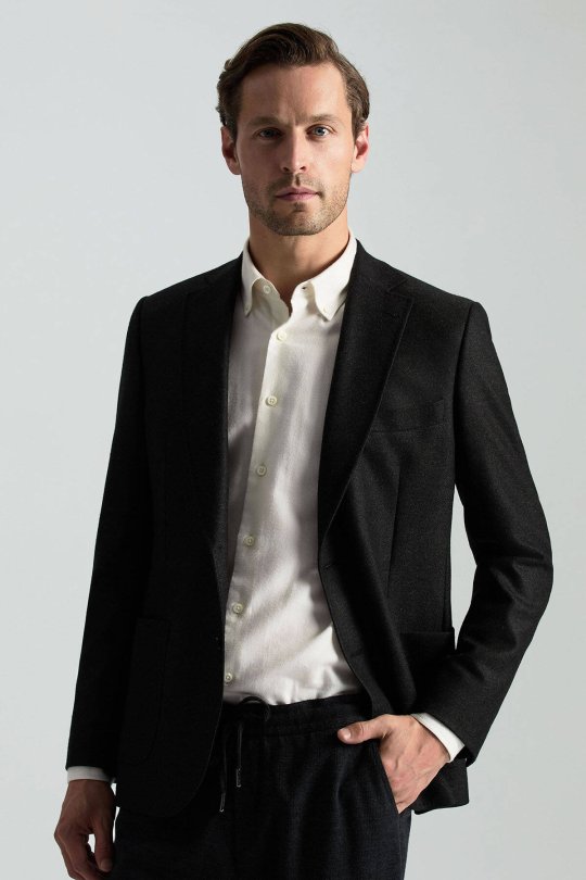 İtalyan Yün Kaşmir Karışım Siyah Blazer Ceket