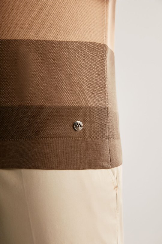 Kahverengi Çizgili Fermuarlı Yaka Merserize Pamuk Triko Polo