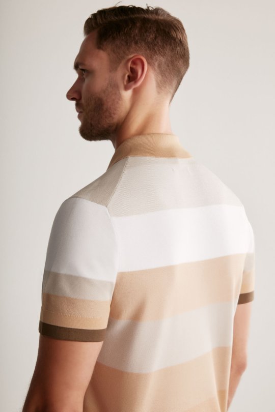 Kahverengi Çizgili Fermuarlı Yaka Merserize Pamuk Triko Polo