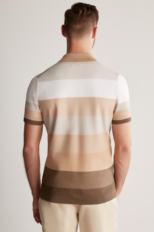 Kahverengi Çizgili Fermuarlı Yaka Merserize Pamuk Triko Polo