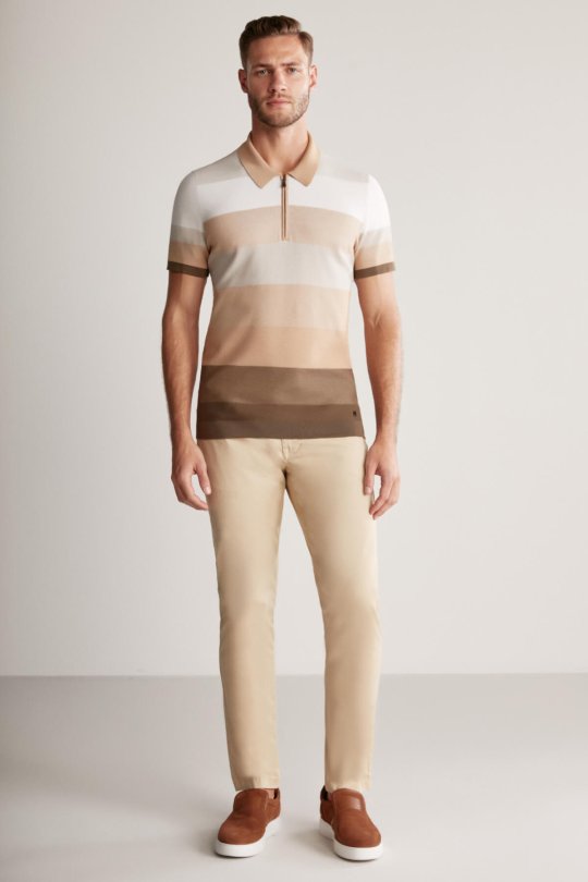 Kahverengi Çizgili Fermuarlı Yaka Merserize Pamuk Triko Polo