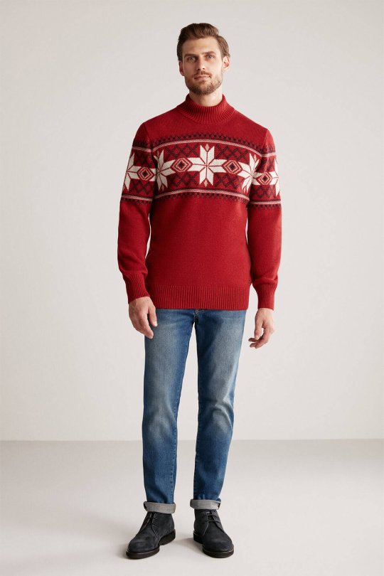 Kar Desen Lupetto Yaka Lambswool Bordo Kazak