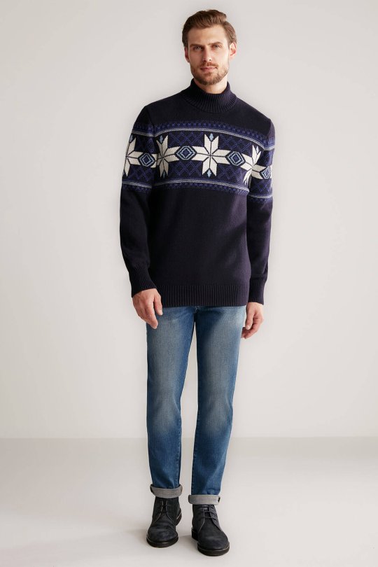 Kar Desen Lupetto Yaka Lambswool Lacivert Kazak