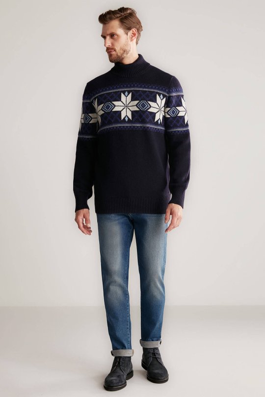 Kar Desen Lupetto Yaka Lambswool Lacivert Kazak