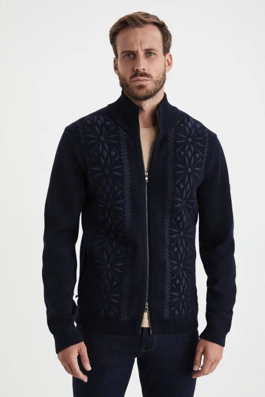 Hemington - Kar Desen Nakışlı Kaşmir Yün Karışım Lacivert Triko Ceket (2)