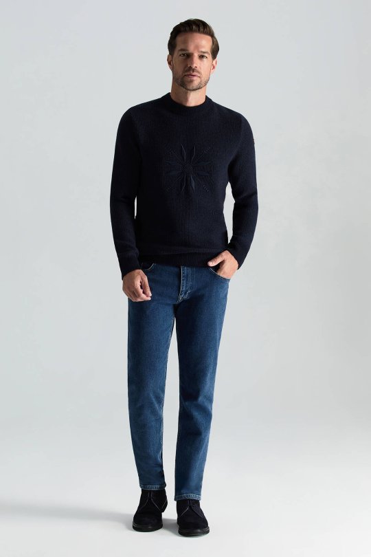 Kaşmir Yün Karışım Kar Desenli Bisiklet Yaka Lacivert Kazak