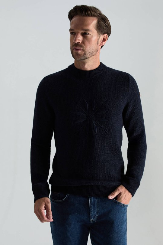 Kaşmir Yün Karışım Kar Desenli Bisiklet Yaka Lacivert Kazak