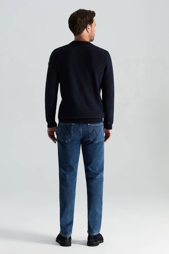 Kaşmir Yün Karışım Kar Desenli Bisiklet Yaka Lacivert Kazak