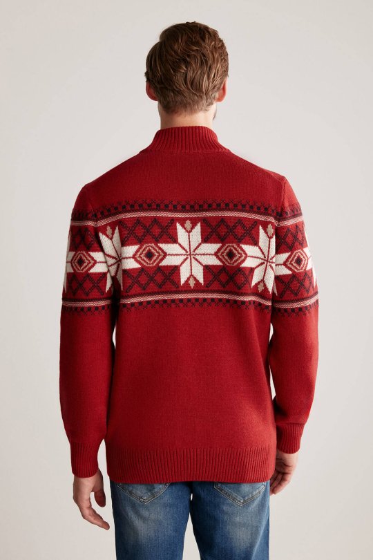 Kar Desen Yarım Balıkçı Yaka Lambswool Bordo Kazak