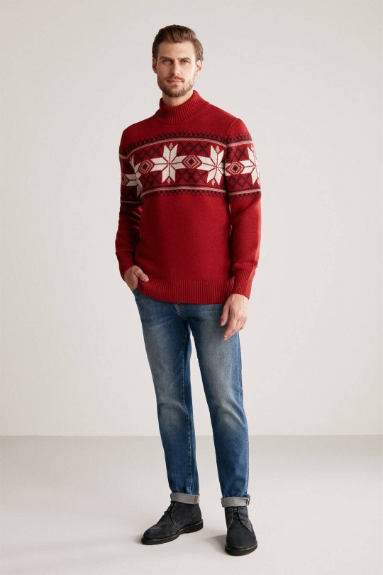 Kar Desen Yarım Balıkçı Yaka Lambswool Bordo Kazak