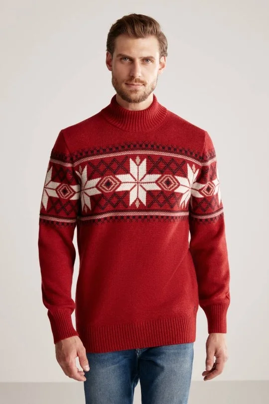 Hemington - Kar Desen Yarım Balıkçı Yaka Lambswool Bordo Kazak (3)