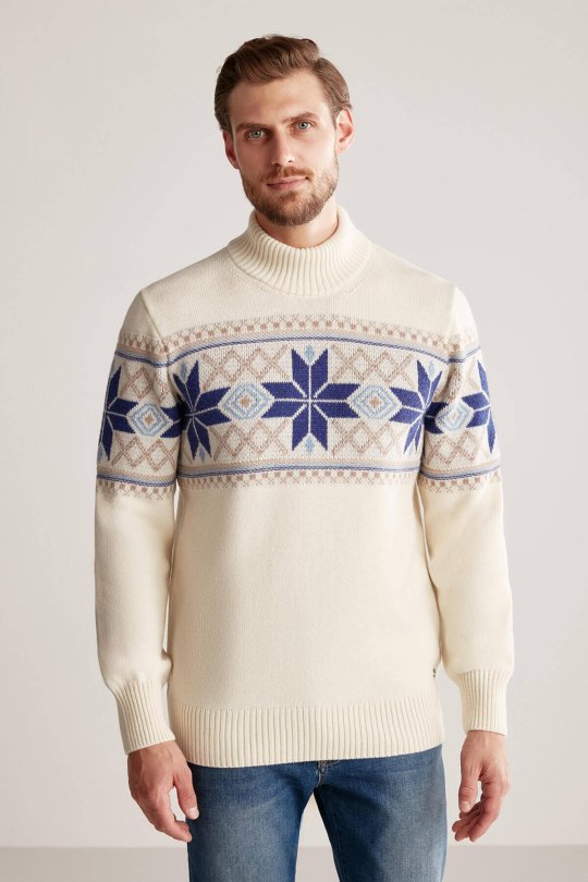 Kar Desen Yarım Balıkçı Yaka Lambswool Ekru Kazak