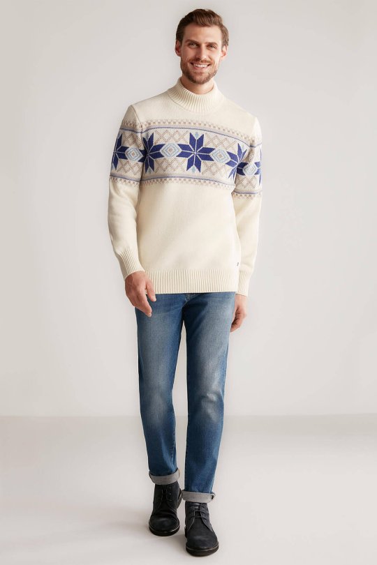 Kar Desen Yarım Balıkçı Yaka Lambswool Ekru Kazak