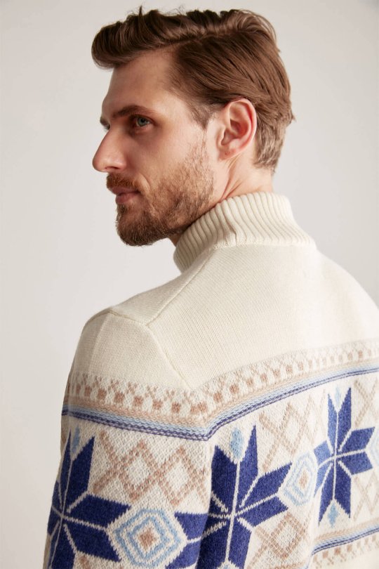 Kar Desen Yarım Balıkçı Yaka Lambswool Ekru Kazak