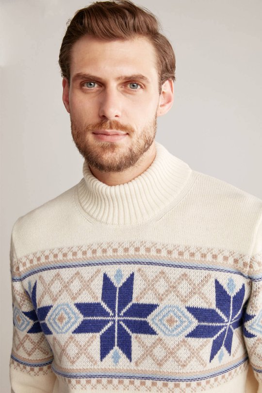 Kar Desen Yarım Balıkçı Yaka Lambswool Ekru Kazak