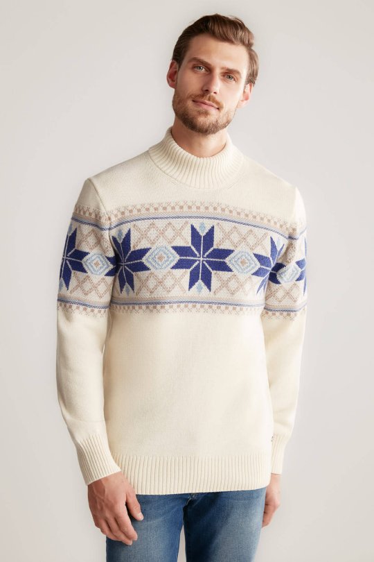 Kar Desen Yarım Balıkçı Yaka Lambswool Ekru Kazak