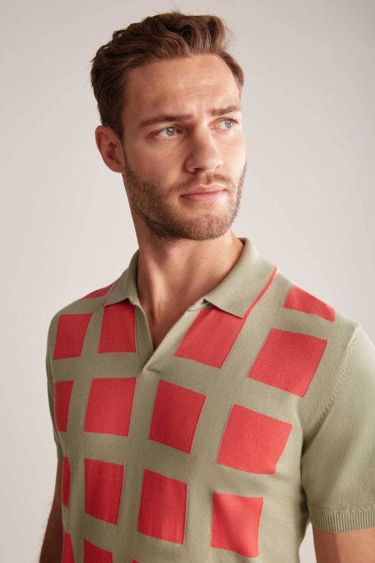 Kare Desen Giza Pamuk Açık Yeşil Triko Polo