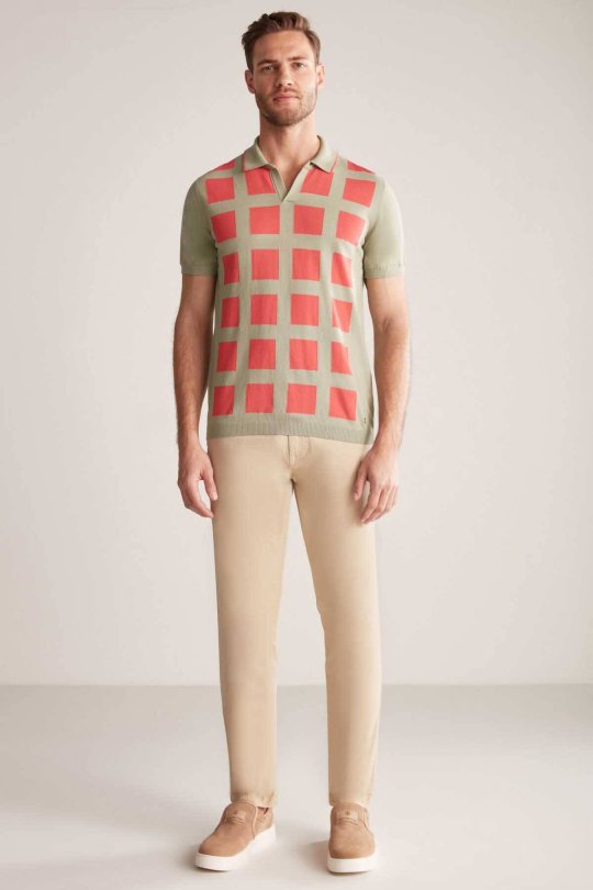 Kare Desen Giza Pamuk Açık Yeşil Triko Polo