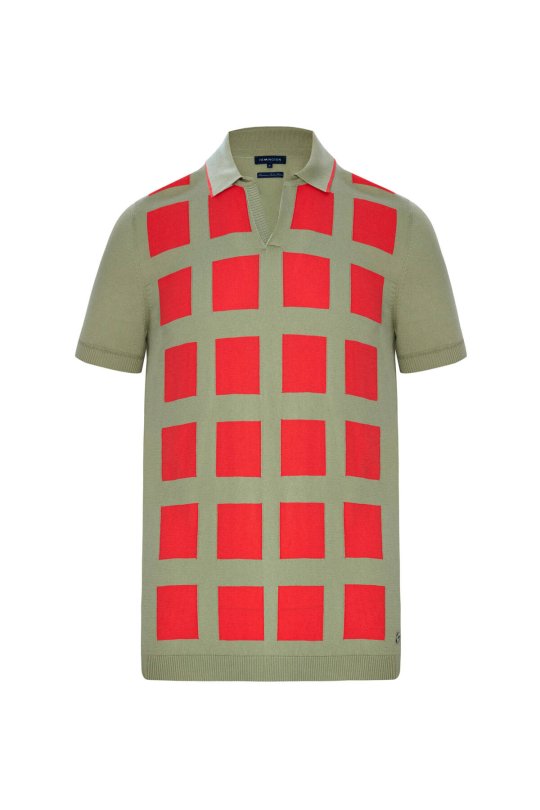 Kare Desen Giza Pamuk Açık Yeşil Triko Polo