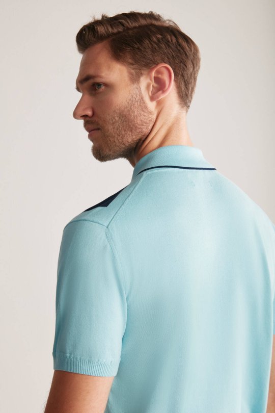 Kare Desen Giza Pamuk Mavi Triko Polo