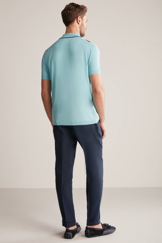 Kare Desen Giza Pamuk Mavi Triko Polo