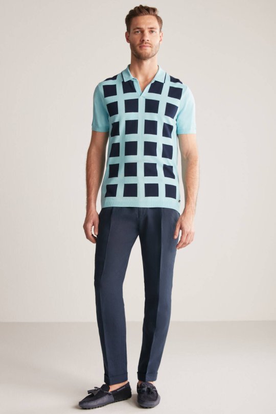 Kare Desen Giza Pamuk Mavi Triko Polo