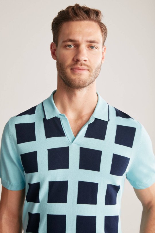 Kare Desen Giza Pamuk Mavi Triko Polo