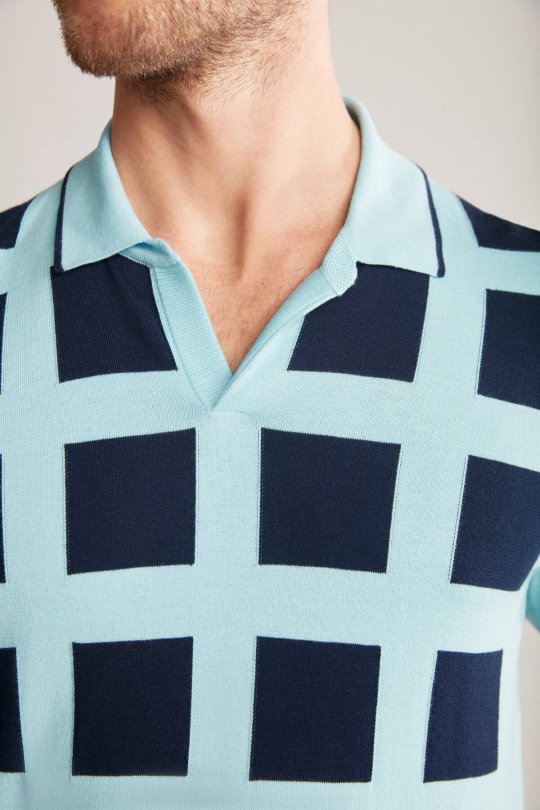 Kare Desen Giza Pamuk Mavi Triko Polo