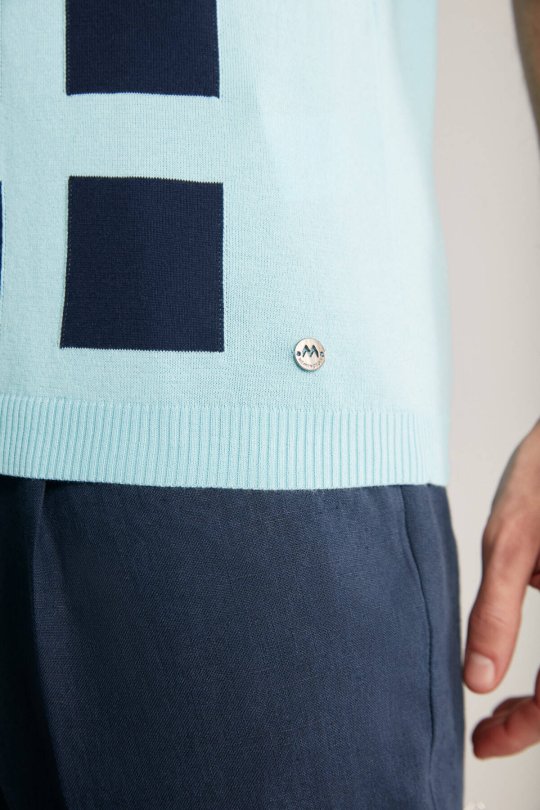 Kare Desen Giza Pamuk Mavi Triko Polo