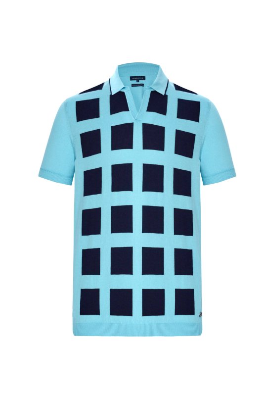 Kare Desen Giza Pamuk Mavi Triko Polo