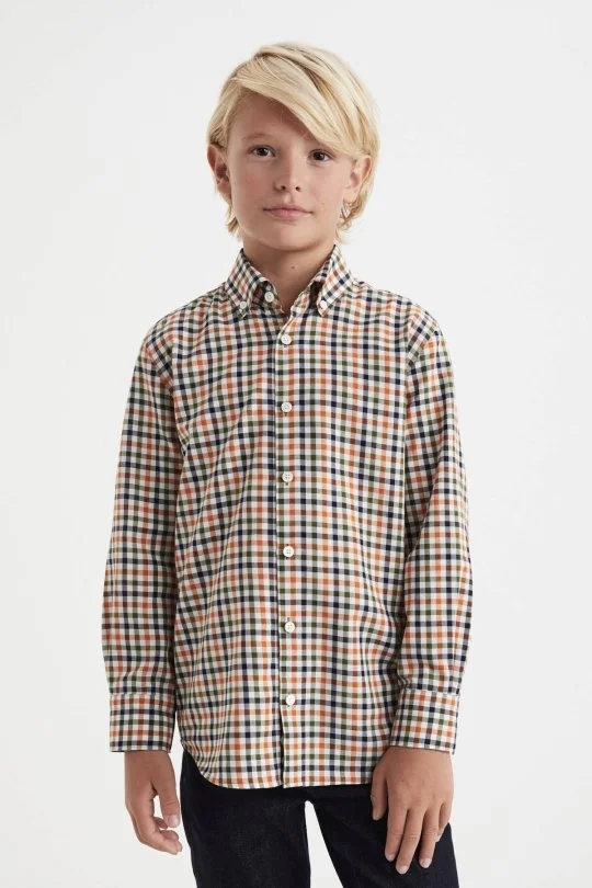 Hemington - Kareli Kaşmir Karışım Haki-Beyaz Çocuk Gömlek (4)