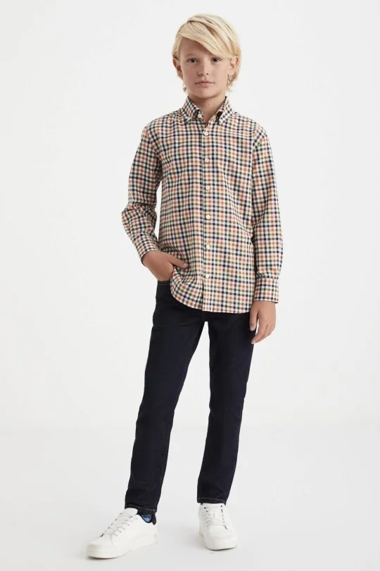 Hemington - Kareli Kaşmir Karışım Haki-Beyaz Çocuk Gömlek (1)