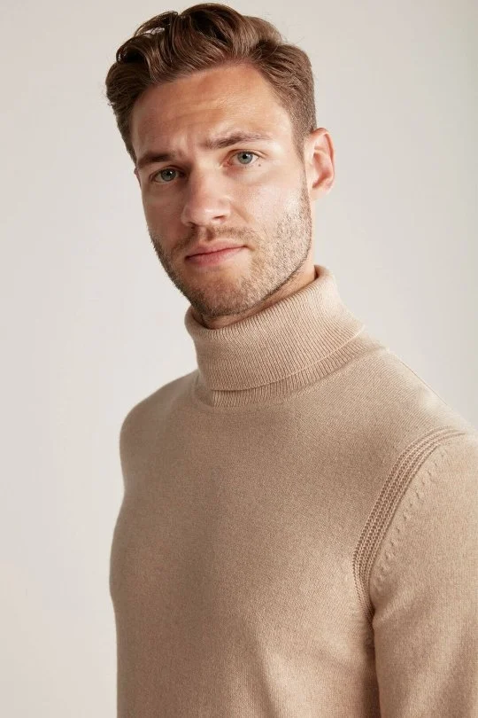 Kaşmir İpek Karışımlı Balıkçı Yaka Camel Kazak