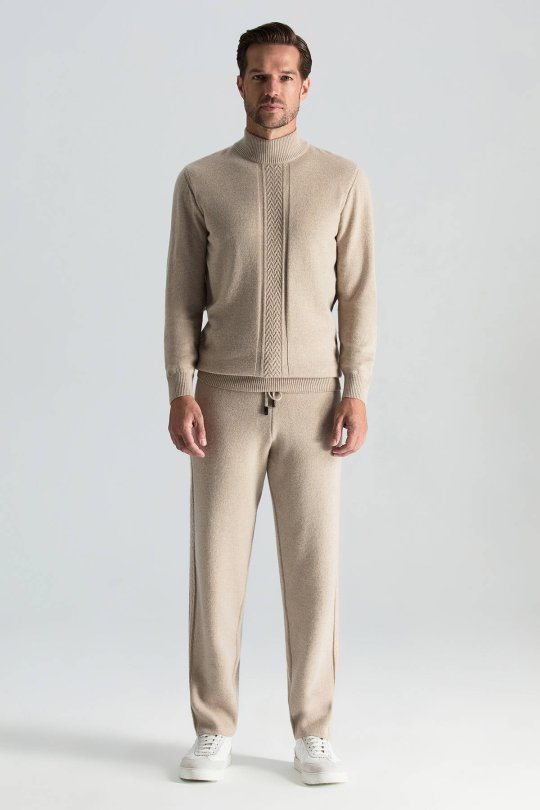 Kaşmir-İpek-Yün Karışım Lupetto Yaka Açık Bej Kazak