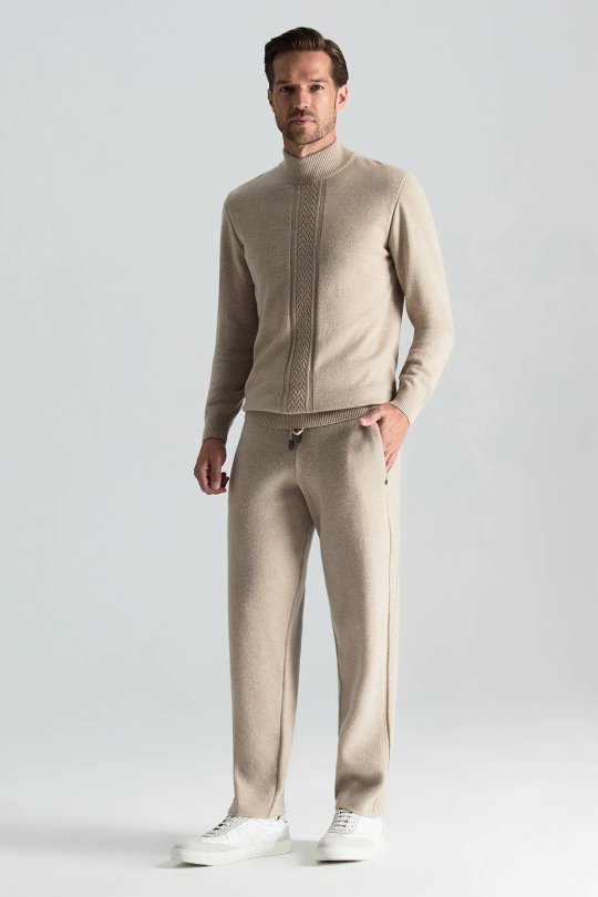 Kaşmir-İpek-Yün Karışım Lupetto Yaka Açık Bej Kazak