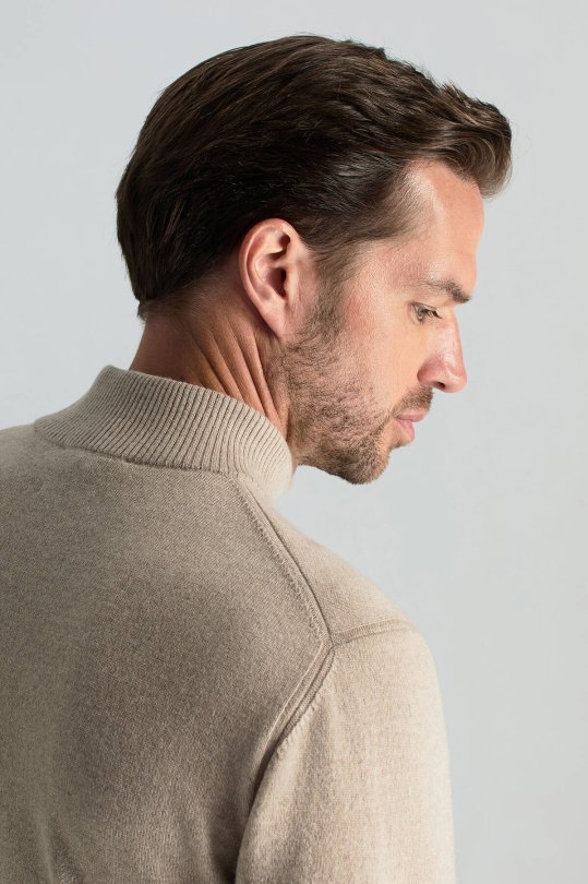 Kaşmir-İpek-Yün Karışım Lupetto Yaka Açık Bej Kazak