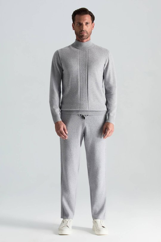 Kaşmir-İpek-Yün Karışım Lupetto Yaka Açık Gri Kazak