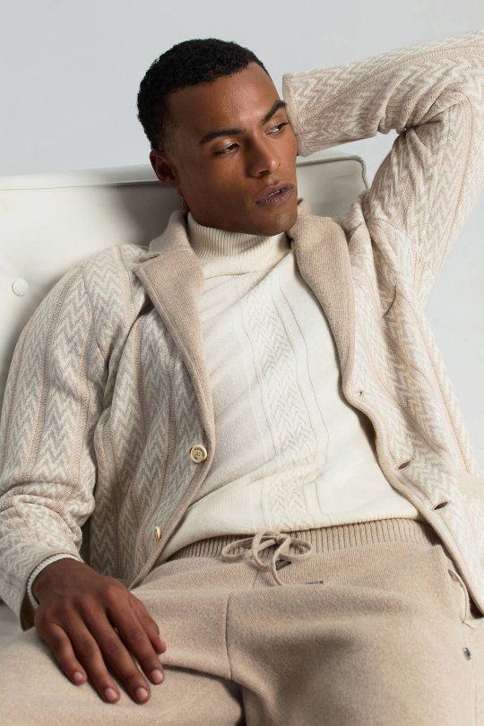 Kaşmir-İpek-Yün Karışım Lupetto Yaka Ekru Kazak