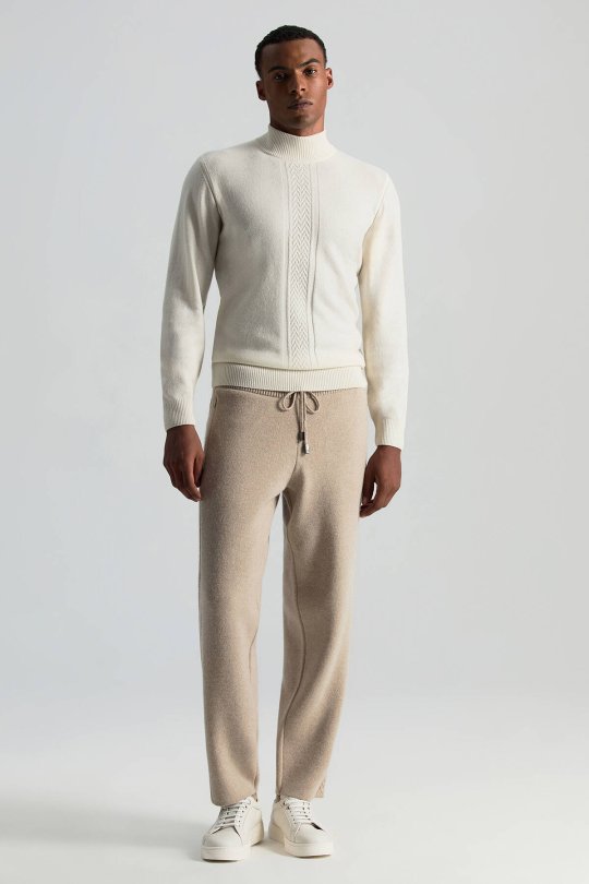 Kaşmir-İpek-Yün Karışım Lupetto Yaka Ekru Kazak