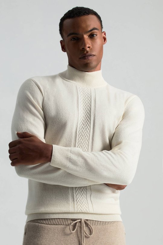 Kaşmir-İpek-Yün Karışım Lupetto Yaka Ekru Kazak