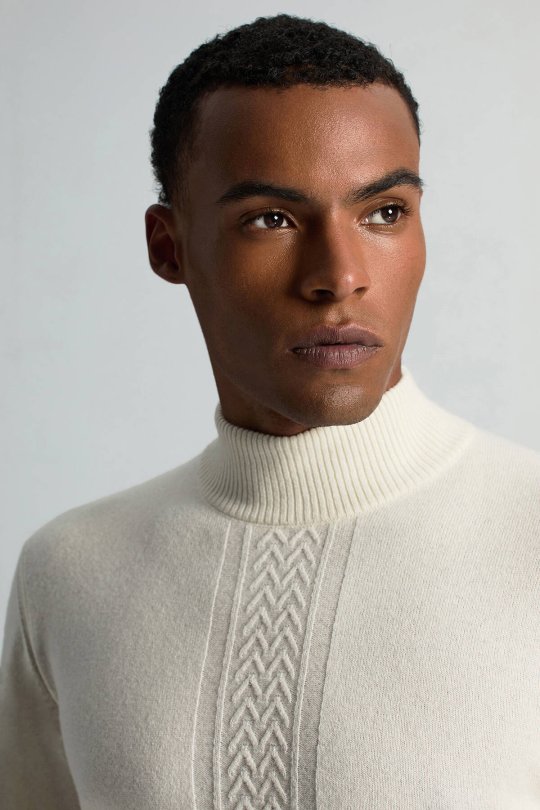 Kaşmir-İpek-Yün Karışım Lupetto Yaka Ekru Kazak