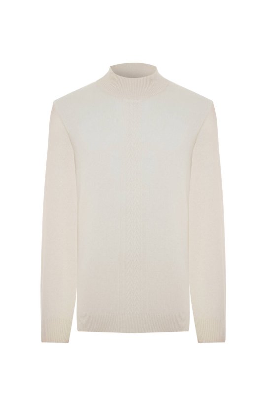 Kaşmir-İpek-Yün Karışım Lupetto Yaka Ekru Kazak