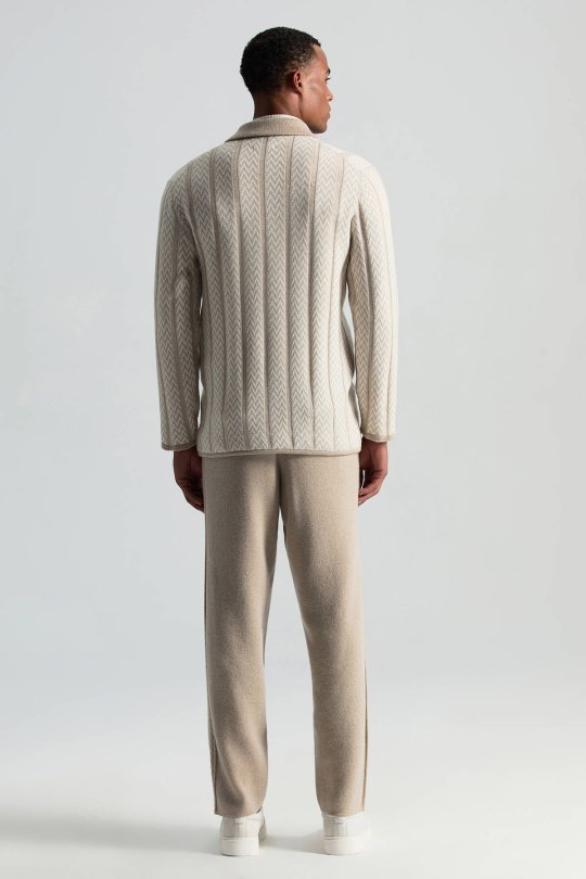 Kaşmir-İpek-Yün Karışım M Desenli Açık Bej Triko Blazer Ceket