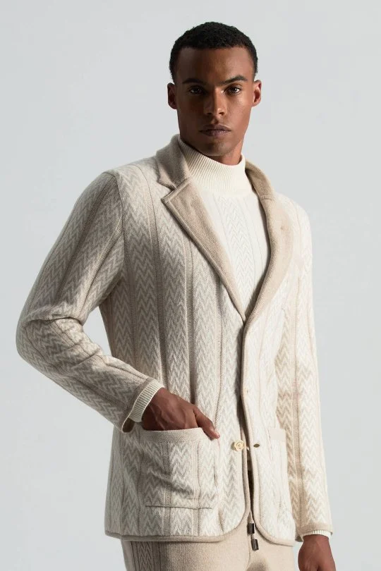 Hemington - Kaşmir-İpek-Yün Karışım M Desenli Açık Bej Triko Blazer Ceket